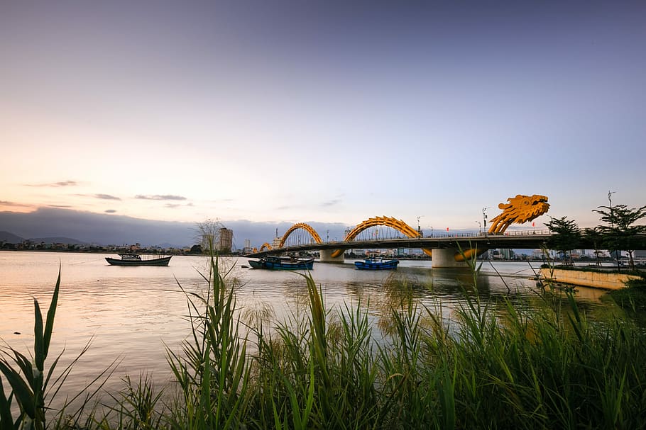 Vista dalla riva del fiume Hàn del Dragon Bridge di Da Nang