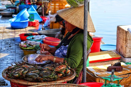 Donna vietnamita che prepara dei crostacei appena pescati a Hoi An, in Vietnam.