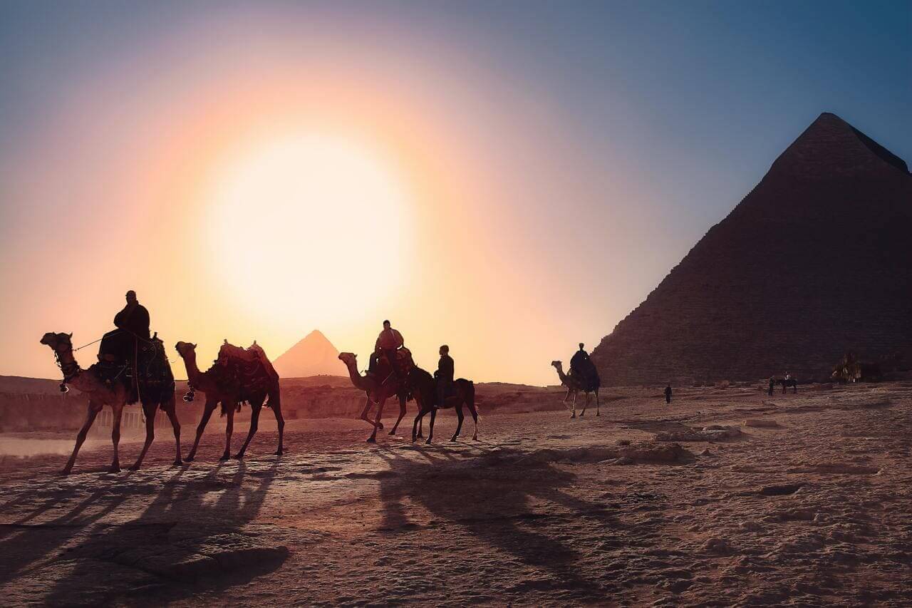 Un'escursione sul dorso di dromedari di fronte alle piramidi di Giza.