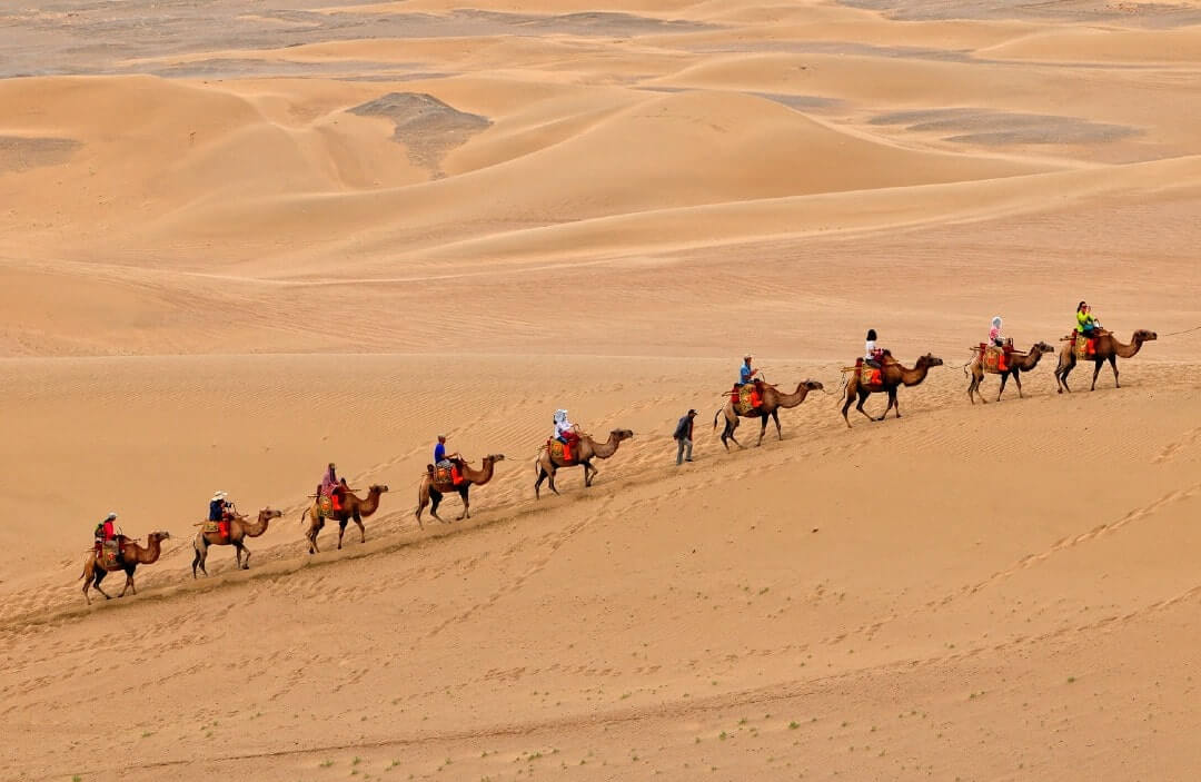 Dei mercanti su cammelli nel deserto, un'immagine della Via della Seta che univa Italia e Cina.